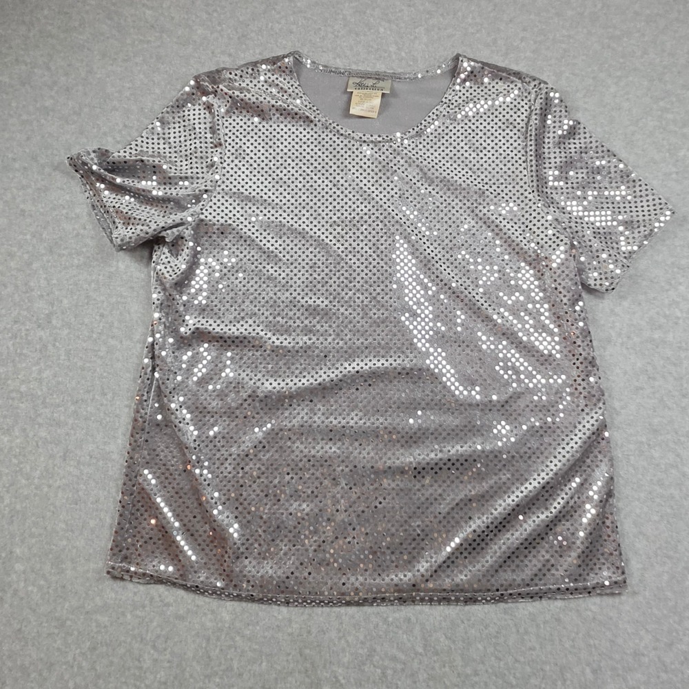 Kathie Lee Collection Silver Sequin Short Sleeve Top Crew Neck SZ L VTG Holiday